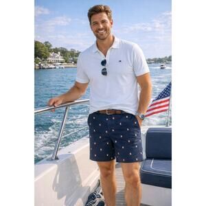 Tommy Hilfiger Mens Size 44 Navy Blue Chino Shorts Allover Embroidered Flag Logo